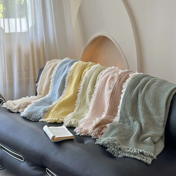 91家纺网 家纺一手货源 找家纺 （总）吉象家纺 2025新款全棉纯棉四层纱流苏毯盖毯毯子