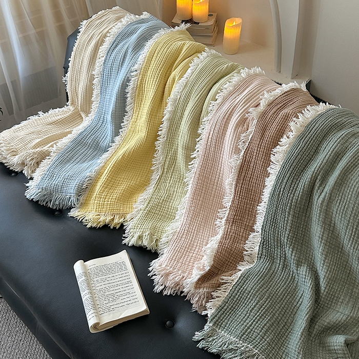 91家纺网 家纺一手货源 找家纺 （总）吉象家纺 2025新款全棉纯棉四层纱流苏毯盖毯毯子