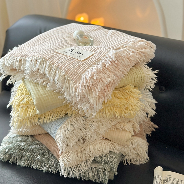 91家纺网 家纺一手货源 找家纺 （总）吉象家纺 2025新款全棉纯棉四层纱流苏毯盖毯毯子
