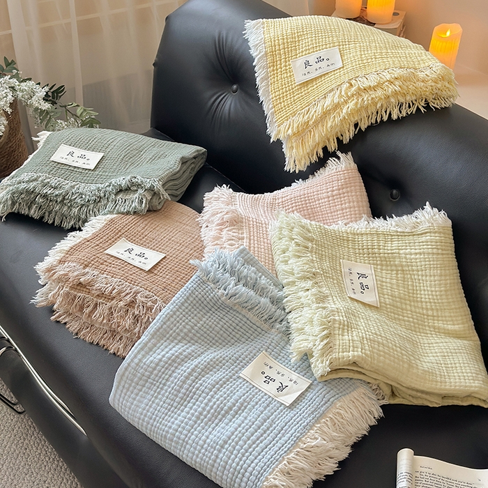 91家纺网 家纺一手货源 找家纺 （总）吉象家纺 2025新款全棉纯棉四层纱流苏毯盖毯毯子