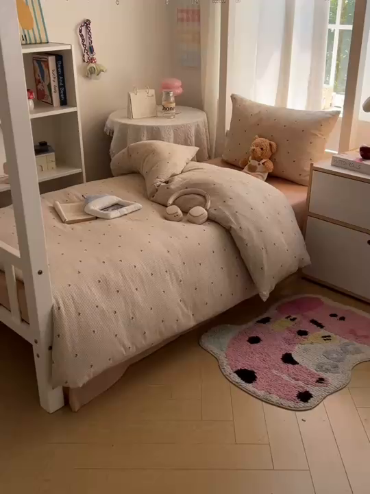 91家纺网 家纺一手货源 找家纺 韩巢家纺 2025新款双层纱学生季床铺单件被套宿舍寝室上下铺三件套 米倾心