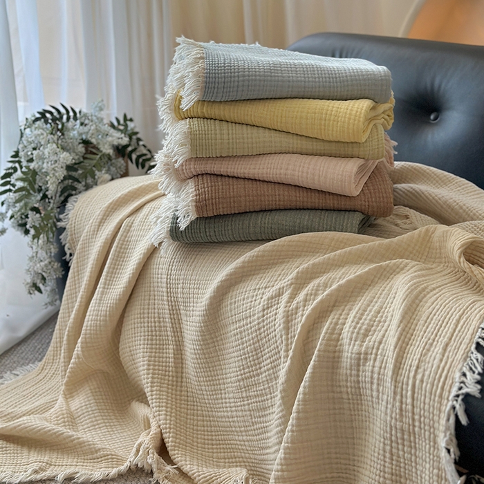 91家纺网 家纺一手货源 找家纺 吉象家纺 2025新款全棉纯棉四层纱流苏毯盖毯毯子 组合图仅做展示