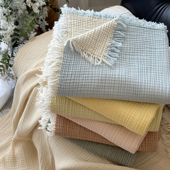 91家纺网 家纺一手货源 找家纺 吉象家纺 2025新款全棉纯棉四层纱流苏毯盖毯毯子 组合图仅做展示