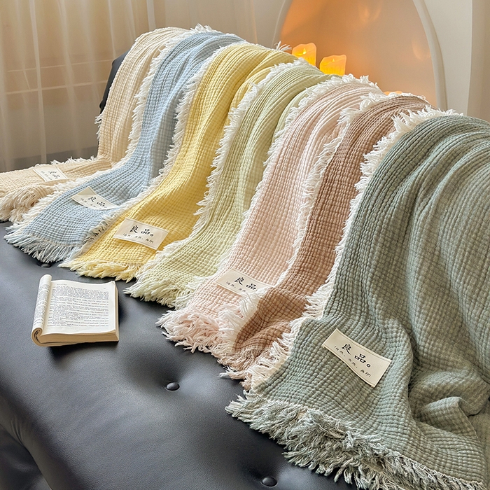 91家纺网 家纺一手货源 找家纺 吉象家纺 2025新款全棉纯棉四层纱流苏毯盖毯毯子 组合图仅做展示
