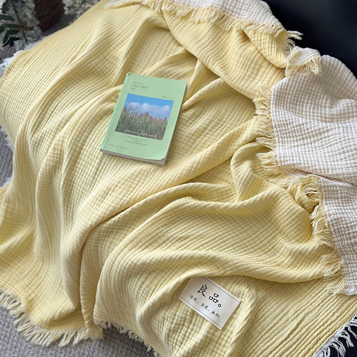 91家纺网 家纺一手货源 找家纺 吉象家纺 2025新款全棉纯棉四层纱流苏毯盖毯毯子 优雅-鹅黄