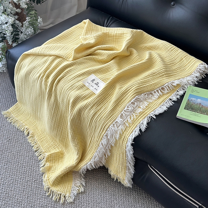 91家纺网 家纺一手货源 找家纺 吉象家纺 2025新款全棉纯棉四层纱流苏毯盖毯毯子 优雅-鹅黄