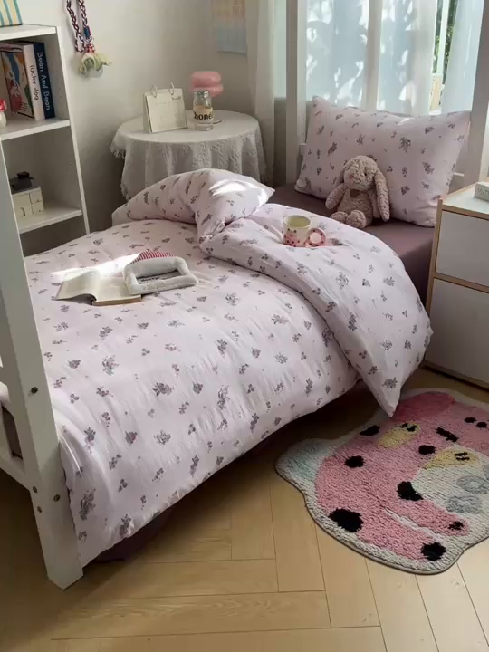 91家纺网 家纺一手货源 找家纺 韩巢家纺 2025新款双层纱学生季床铺单件被套宿舍寝室上下铺三件套 葡萄七分甜