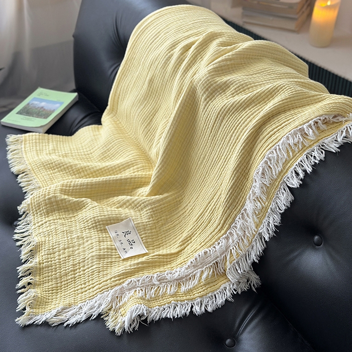 91家纺网 家纺一手货源 找家纺 吉象家纺 2025新款全棉纯棉四层纱流苏毯盖毯毯子 优雅-鹅黄