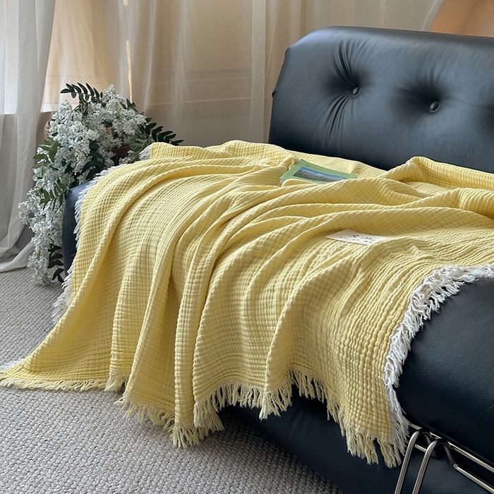 91家纺网 家纺一手货源 找家纺 吉象家纺 2025新款全棉纯棉四层纱流苏毯盖毯毯子 优雅-鹅黄