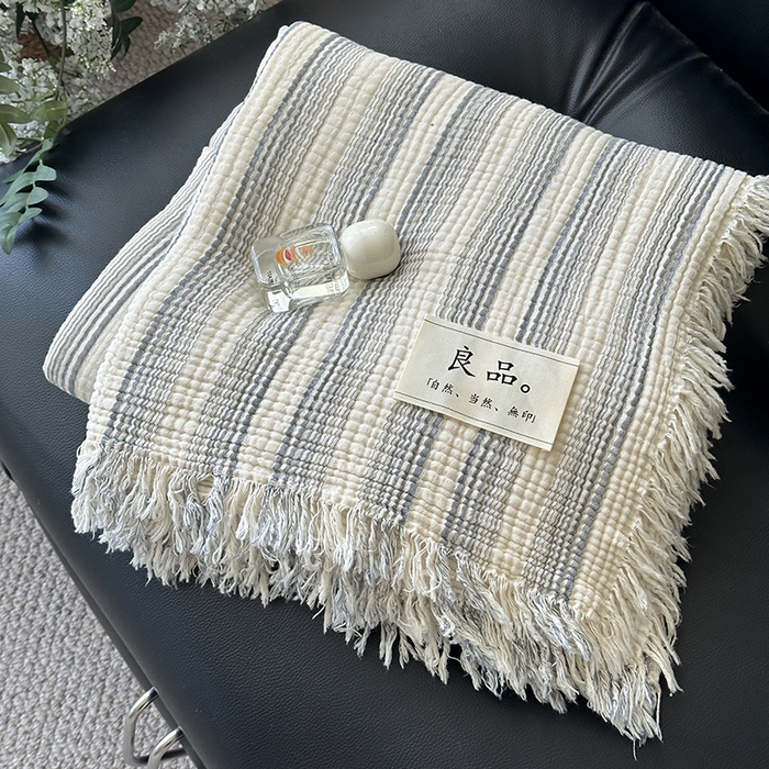 吉象家纺 2025新款全棉纯棉四层纱流苏毯盖毯毯子 优雅-渐变兰