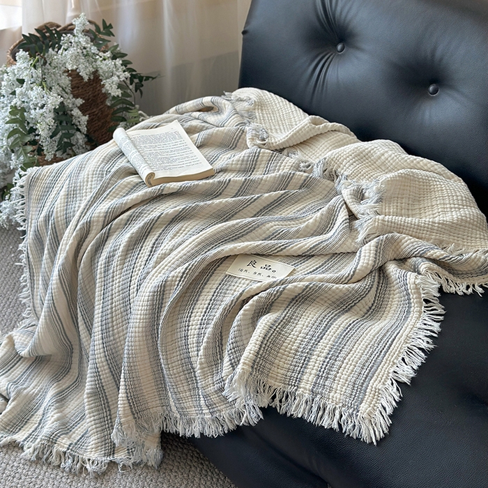 91家纺网 家纺一手货源 找家纺 吉象家纺 2025新款全棉纯棉四层纱流苏毯盖毯毯子 优雅-渐变兰