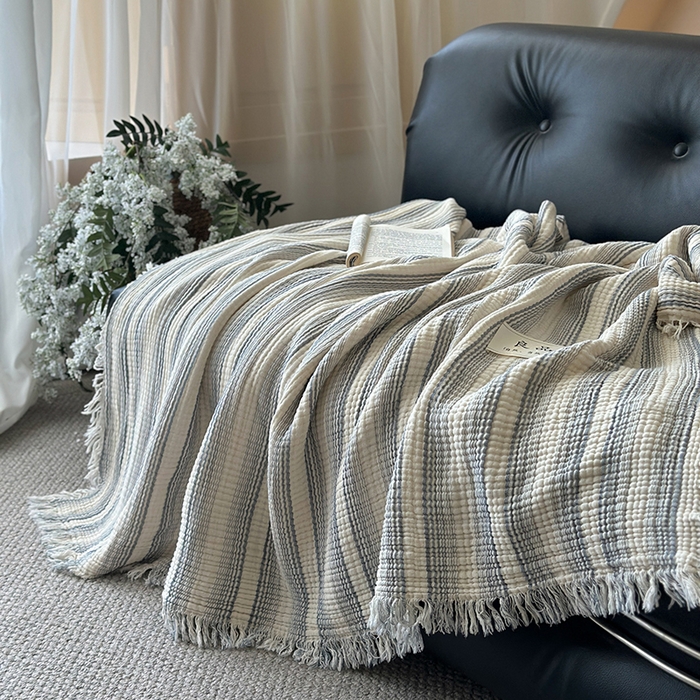 91家纺网 家纺一手货源 找家纺 吉象家纺 2025新款全棉纯棉四层纱流苏毯盖毯毯子 优雅-渐变兰