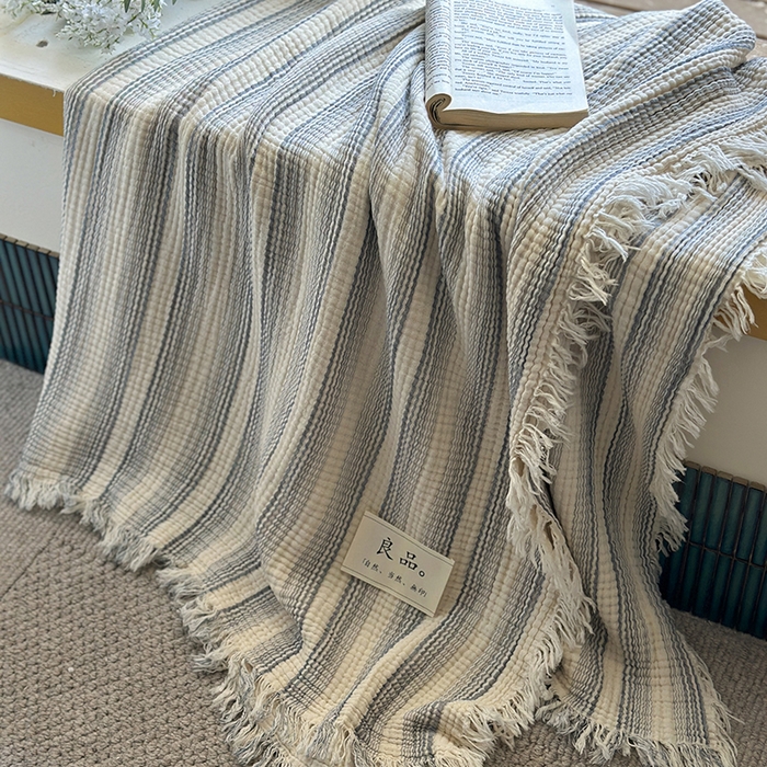 91家纺网 家纺一手货源 找家纺 吉象家纺 2025新款全棉纯棉四层纱流苏毯盖毯毯子 优雅-渐变兰
