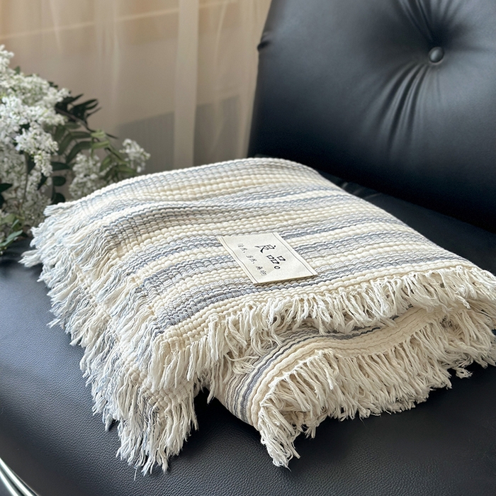 91家纺网 家纺一手货源 找家纺 吉象家纺 2025新款全棉纯棉四层纱流苏毯盖毯毯子 优雅-渐变兰