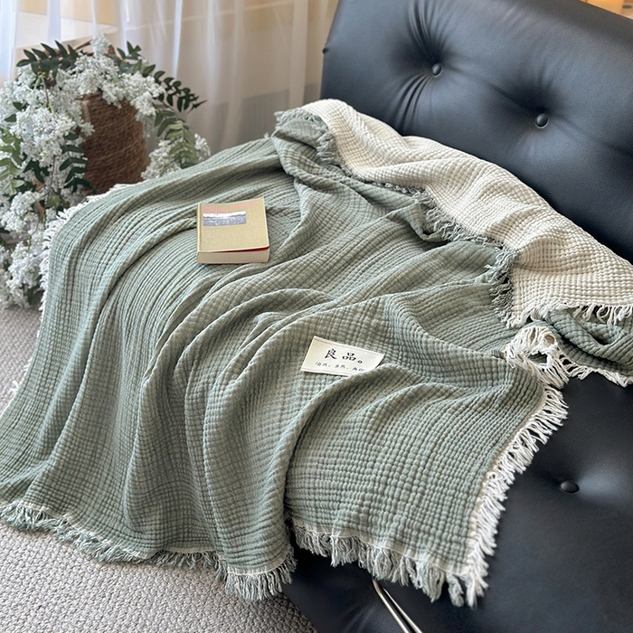 91家纺网 家纺一手货源 找家纺 吉象家纺 2025新款全棉纯棉四层纱流苏毯盖毯毯子 优雅-绿青年