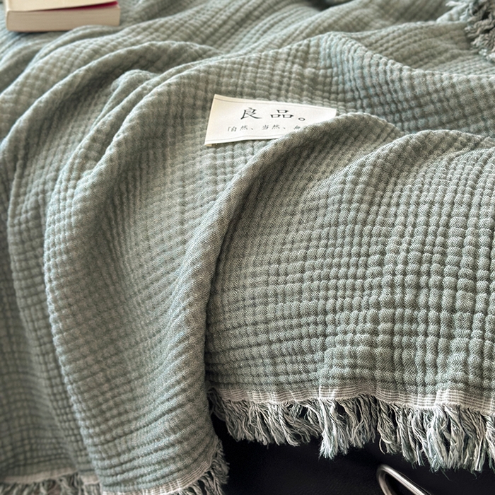 91家纺网 家纺一手货源 找家纺 吉象家纺 2025新款全棉纯棉四层纱流苏毯盖毯毯子 优雅-绿青年