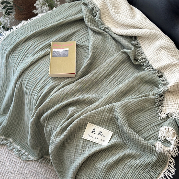 91家纺网 家纺一手货源 找家纺 吉象家纺 2025新款全棉纯棉四层纱流苏毯盖毯毯子 优雅-绿青年