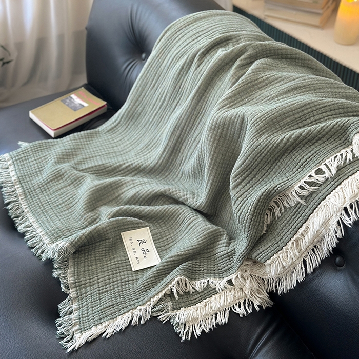 91家纺网 家纺一手货源 找家纺 吉象家纺 2025新款全棉纯棉四层纱流苏毯盖毯毯子 优雅-绿青年