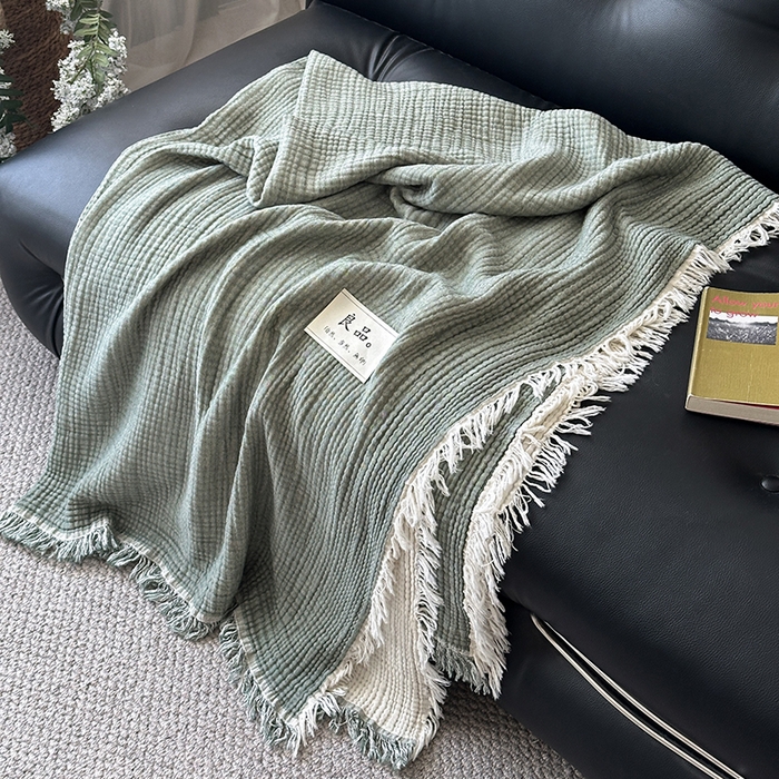 91家纺网 家纺一手货源 找家纺 吉象家纺 2025新款全棉纯棉四层纱流苏毯盖毯毯子 优雅-绿青年