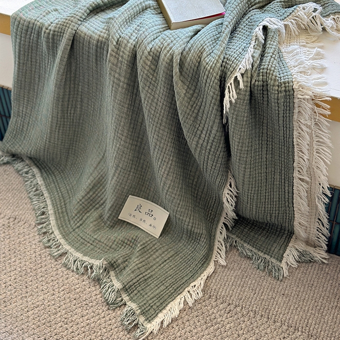 91家纺网 家纺一手货源 找家纺 吉象家纺 2025新款全棉纯棉四层纱流苏毯盖毯毯子 优雅-绿青年
