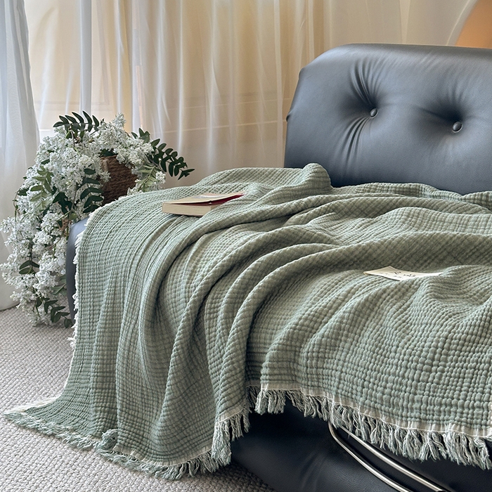 91家纺网 家纺一手货源 找家纺 吉象家纺 2025新款全棉纯棉四层纱流苏毯盖毯毯子 优雅-绿青年