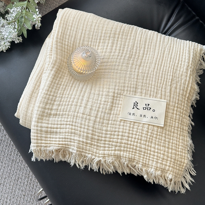 吉象家纺 2025新款全棉纯棉四层纱流苏毯盖毯毯子 优雅-米色