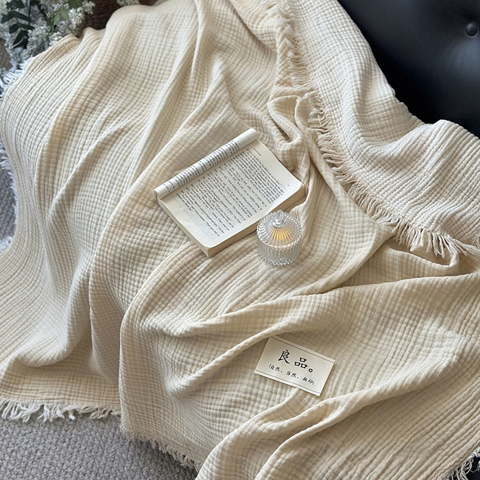 91家纺网 家纺一手货源 找家纺 吉象家纺 2025新款全棉纯棉四层纱流苏毯盖毯毯子 优雅-米色