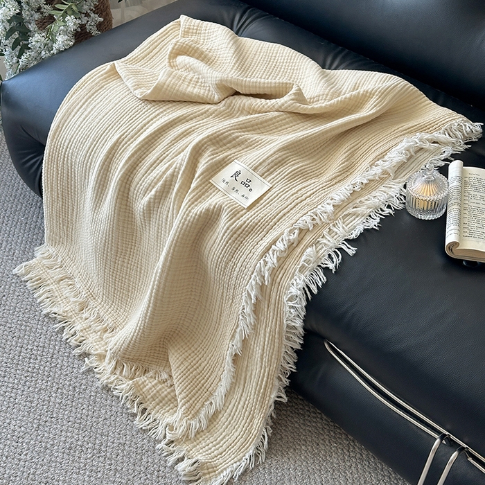 91家纺网 家纺一手货源 找家纺 吉象家纺 2025新款全棉纯棉四层纱流苏毯盖毯毯子 优雅-米色