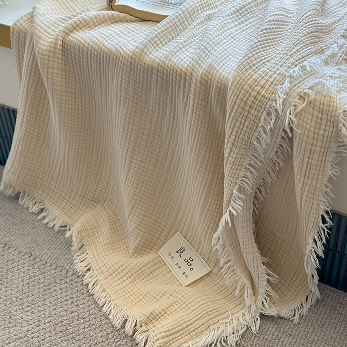 91家纺网 家纺一手货源 找家纺 吉象家纺 2025新款全棉纯棉四层纱流苏毯盖毯毯子 优雅-米色