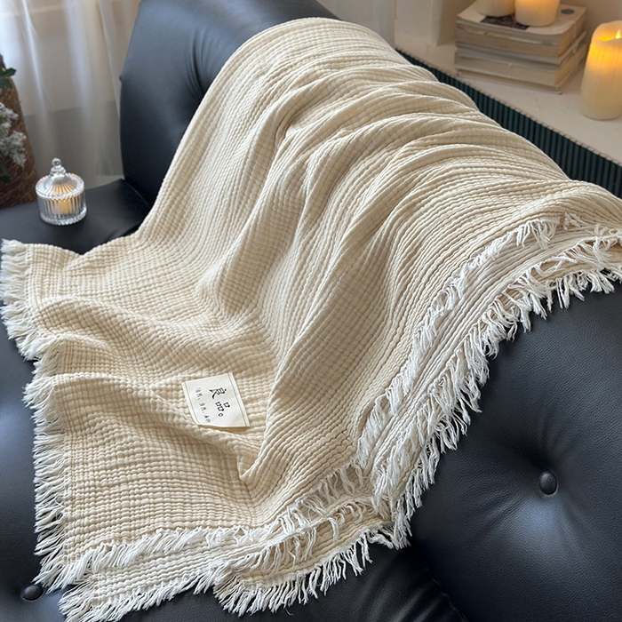 91家纺网 家纺一手货源 找家纺 吉象家纺 2025新款全棉纯棉四层纱流苏毯盖毯毯子 优雅-米色