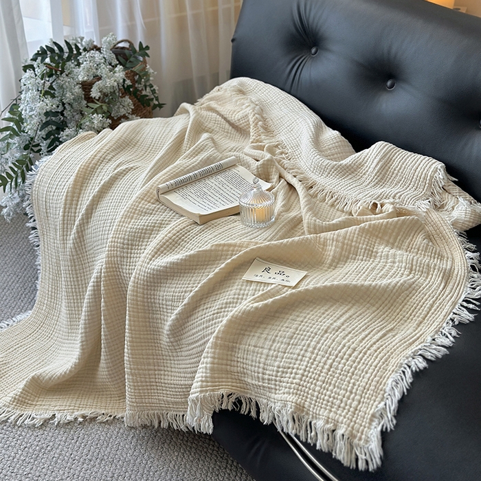 91家纺网 家纺一手货源 找家纺 吉象家纺 2025新款全棉纯棉四层纱流苏毯盖毯毯子 优雅-米色