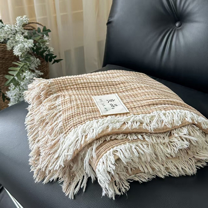 91家纺网 家纺一手货源 找家纺 吉象家纺 2025新款全棉纯棉四层纱流苏毯盖毯毯子 优雅-奶茶棕