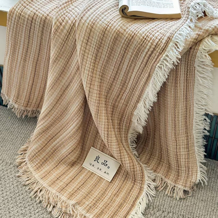 91家纺网 家纺一手货源 找家纺 吉象家纺 2025新款全棉纯棉四层纱流苏毯盖毯毯子 优雅-奶茶棕