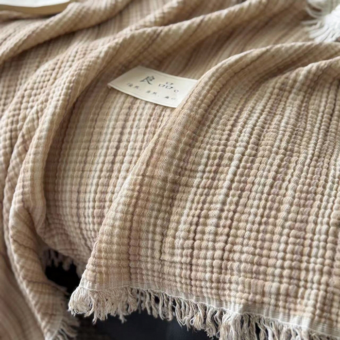 91家纺网 家纺一手货源 找家纺 吉象家纺 2025新款全棉纯棉四层纱流苏毯盖毯毯子 优雅-奶茶棕