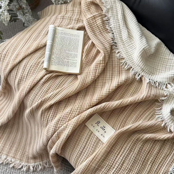 91家纺网 家纺一手货源 找家纺 吉象家纺 2025新款全棉纯棉四层纱流苏毯盖毯毯子 优雅-奶茶棕