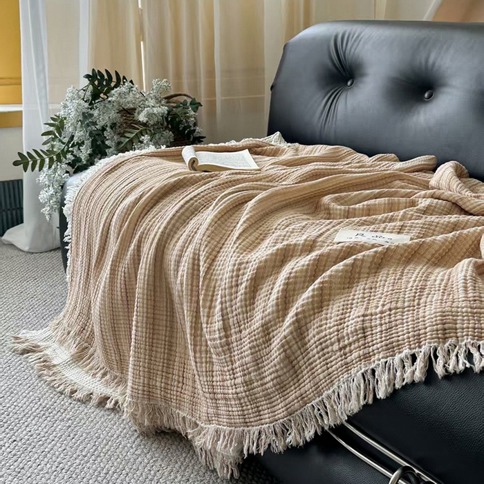91家纺网 家纺一手货源 找家纺 吉象家纺 2025新款全棉纯棉四层纱流苏毯盖毯毯子 优雅-奶茶棕