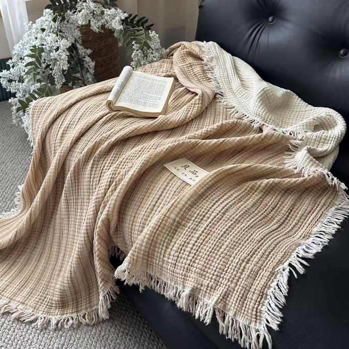 91家纺网 家纺一手货源 找家纺 吉象家纺 2025新款全棉纯棉四层纱流苏毯盖毯毯子 优雅-奶茶棕