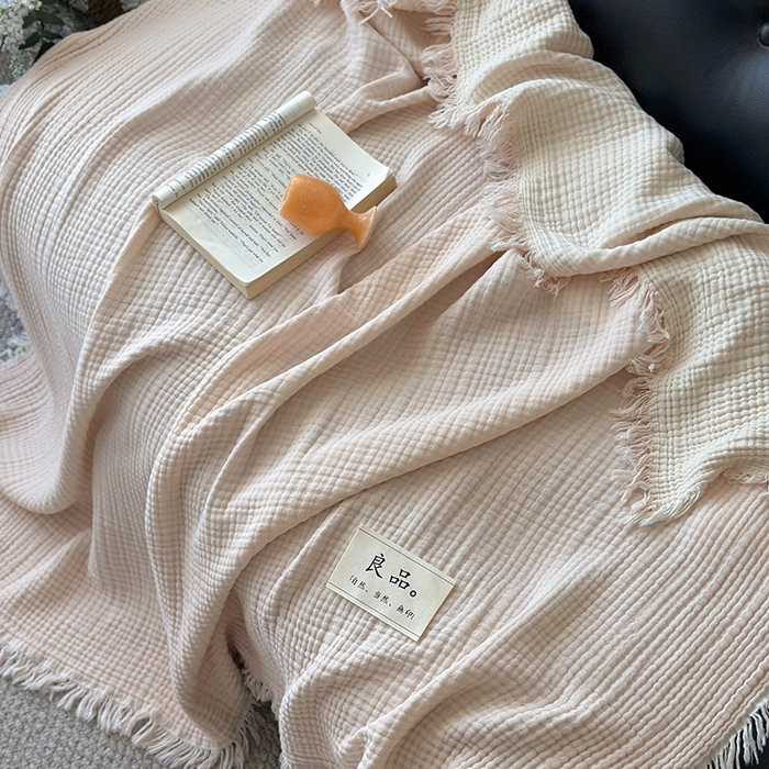 91家纺网 家纺一手货源 找家纺 吉象家纺 2025新款全棉纯棉四层纱流苏毯盖毯毯子 优雅-浅粉