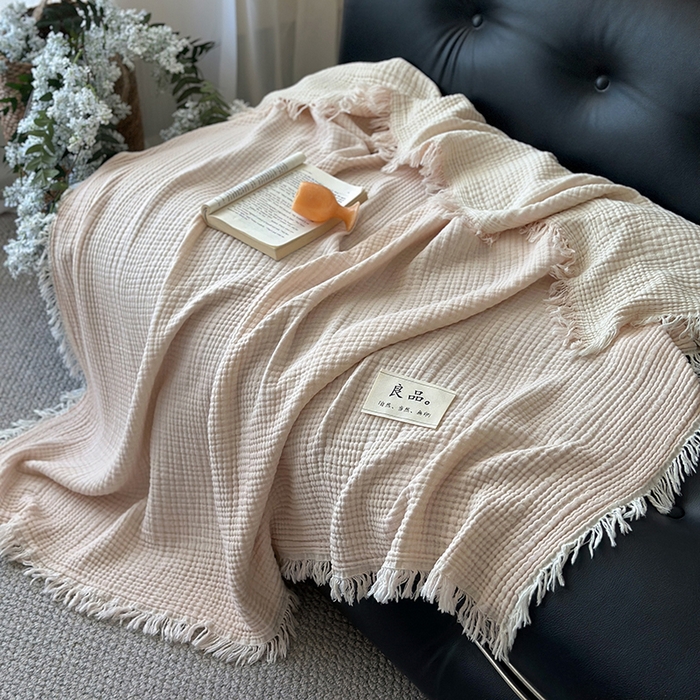 91家纺网 家纺一手货源 找家纺 吉象家纺 2025新款全棉纯棉四层纱流苏毯盖毯毯子 优雅-浅粉