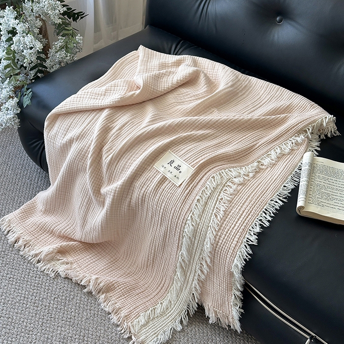 91家纺网 家纺一手货源 找家纺 吉象家纺 2025新款全棉纯棉四层纱流苏毯盖毯毯子 优雅-浅粉