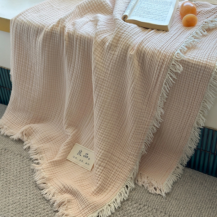 91家纺网 家纺一手货源 找家纺 吉象家纺 2025新款全棉纯棉四层纱流苏毯盖毯毯子 优雅-浅粉