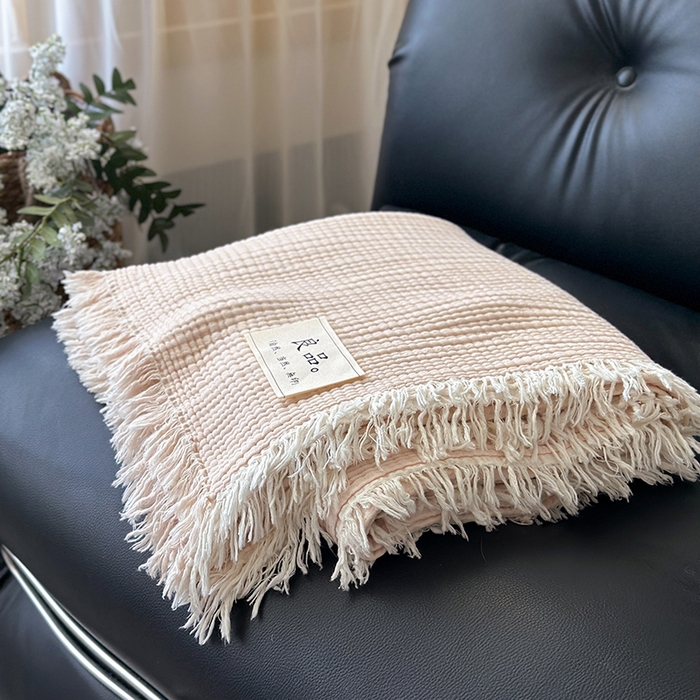 91家纺网 家纺一手货源 找家纺 吉象家纺 2025新款全棉纯棉四层纱流苏毯盖毯毯子 优雅-浅粉