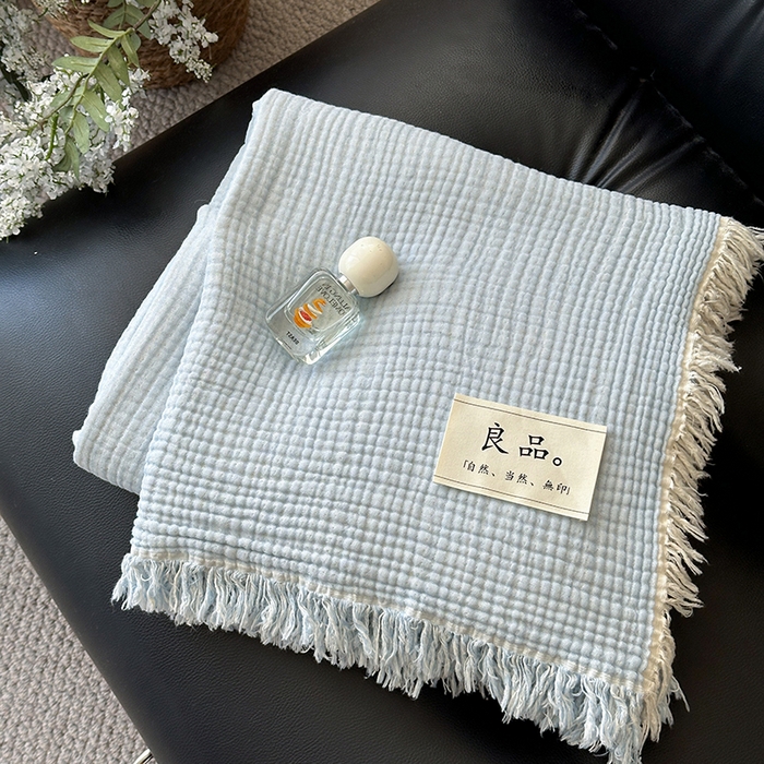 吉象家纺 2025新款全棉纯棉四层纱流苏毯盖毯毯子 优雅-浅蓝