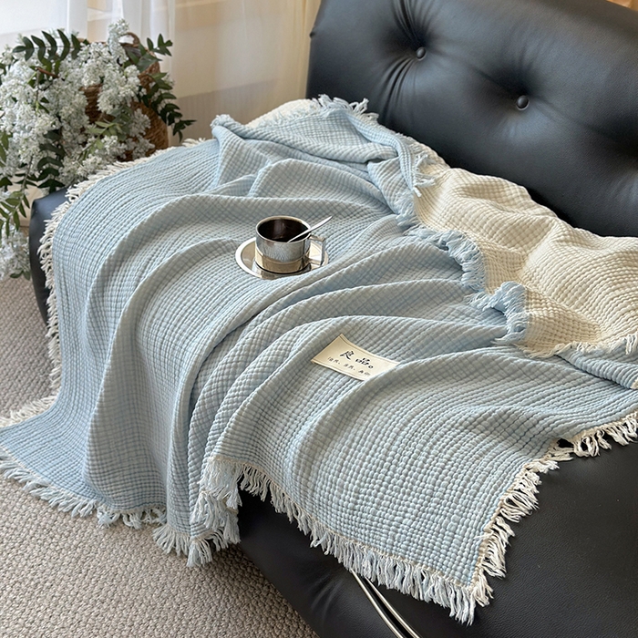 91家纺网 家纺一手货源 找家纺 吉象家纺 2025新款全棉纯棉四层纱流苏毯盖毯毯子 优雅-浅蓝