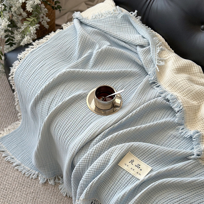 91家纺网 家纺一手货源 找家纺 吉象家纺 2025新款全棉纯棉四层纱流苏毯盖毯毯子 优雅-浅蓝