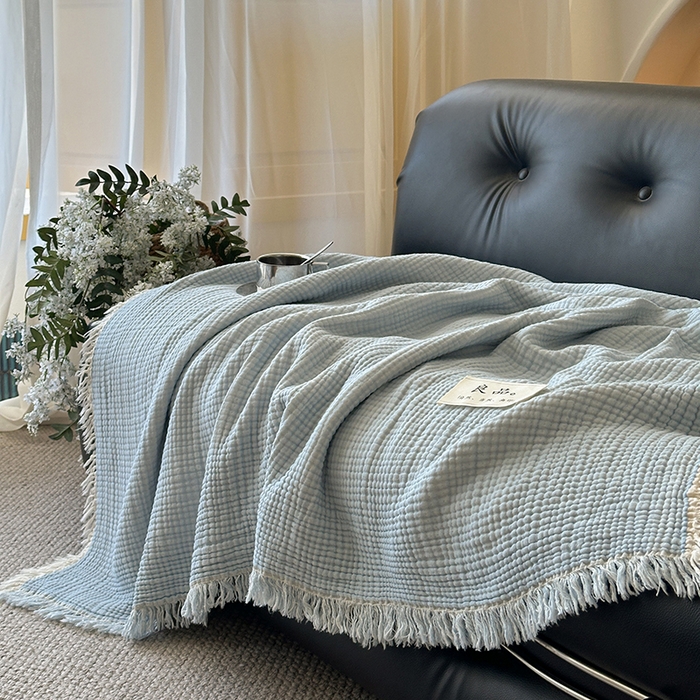 91家纺网 家纺一手货源 找家纺 吉象家纺 2025新款全棉纯棉四层纱流苏毯盖毯毯子 优雅-浅蓝