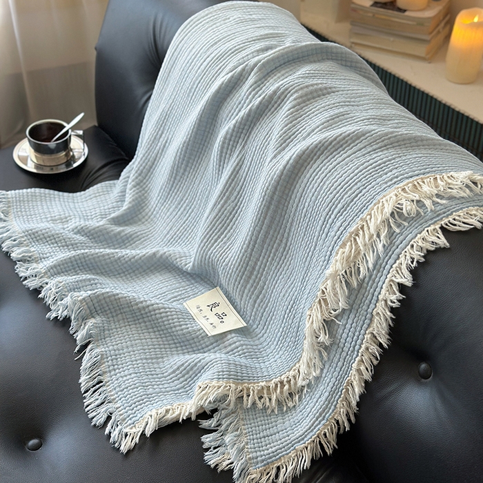 91家纺网 家纺一手货源 找家纺 吉象家纺 2025新款全棉纯棉四层纱流苏毯盖毯毯子 优雅-浅蓝