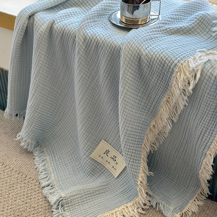 91家纺网 家纺一手货源 找家纺 吉象家纺 2025新款全棉纯棉四层纱流苏毯盖毯毯子 优雅-浅蓝