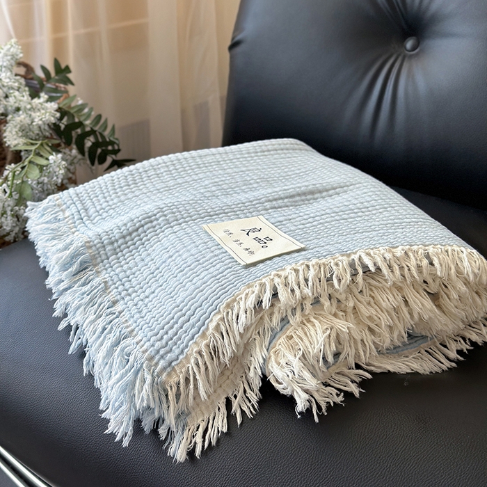 91家纺网 家纺一手货源 找家纺 吉象家纺 2025新款全棉纯棉四层纱流苏毯盖毯毯子 优雅-浅蓝