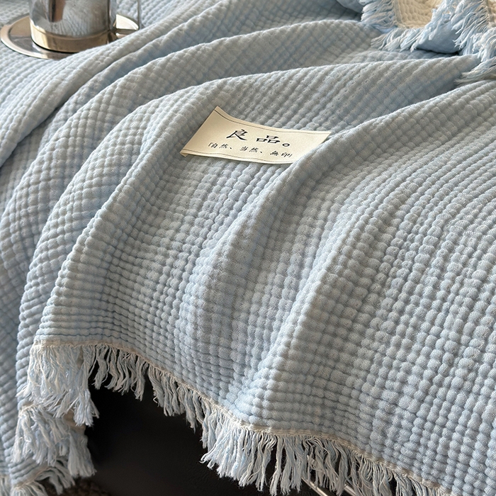91家纺网 家纺一手货源 找家纺 吉象家纺 2025新款全棉纯棉四层纱流苏毯盖毯毯子 优雅-浅蓝
